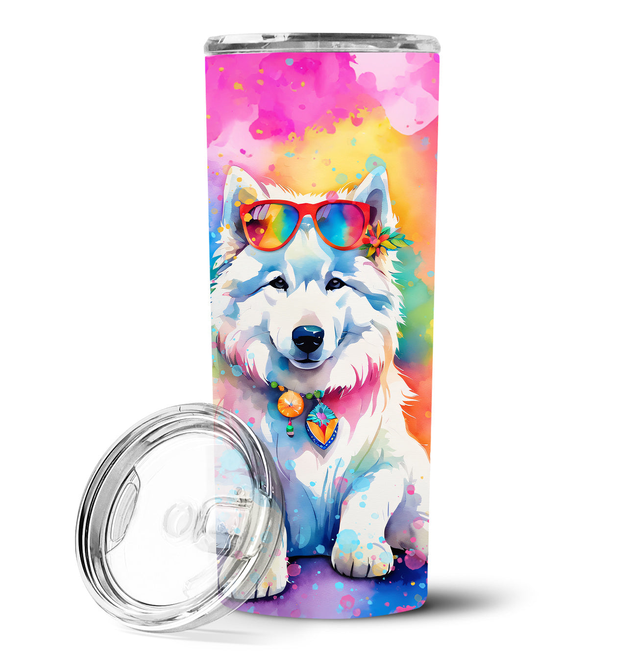 Samoyed Hippie Dawg Stainless Steel Skinny Tumbler Vacuum Double Walled Reusable Insulated Tumbler Travel Cup for Coffee Cocktails Gift with Lid, 20 oz - Renee Lane Company