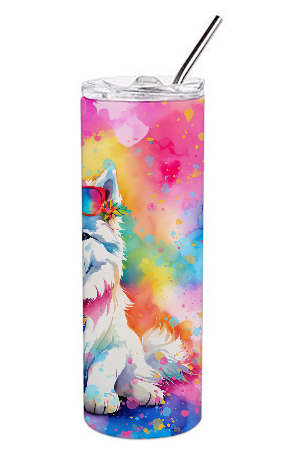 Samoyed Hippie Dawg Stainless Steel Skinny Tumbler Vacuum Double Walled Reusable Insulated Tumbler Travel Cup for Coffee Cocktails Gift with Lid, 20 oz - Renee Lane Company