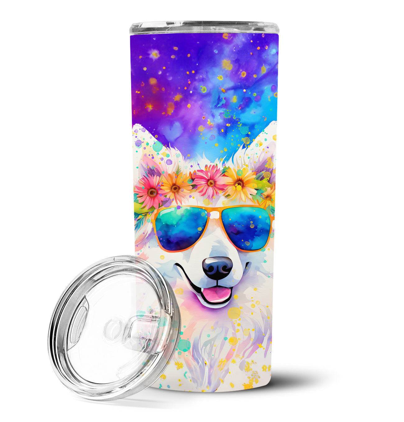 Samoyed Hippie Dawg Stainless Steel Skinny Tumbler Vacuum Double Walled Reusable Insulated Tumbler Travel Cup for Coffee Cocktails Gift with Lid, 20 oz - Renee Lane Company