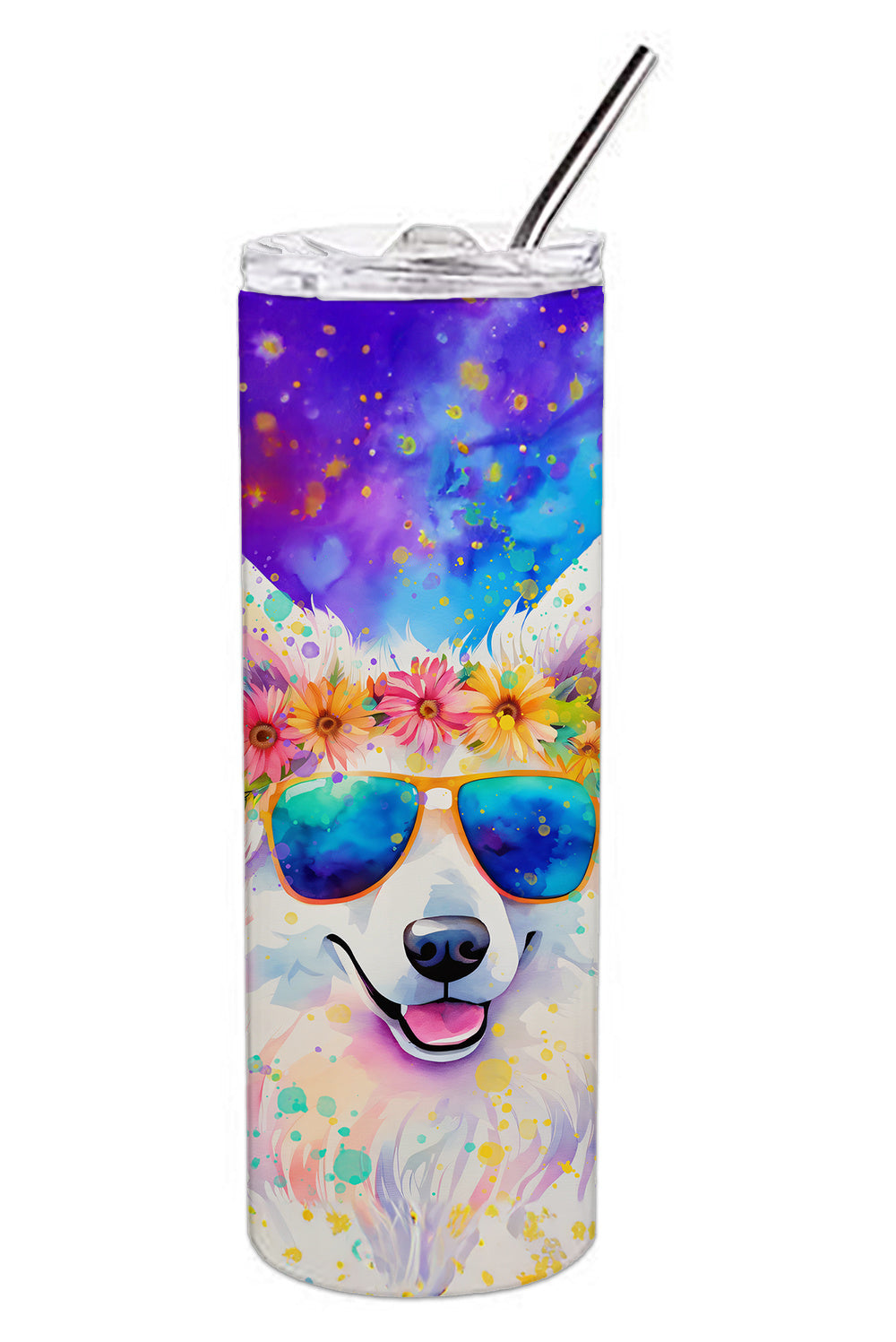 Samoyed Hippie Dawg Stainless Steel Skinny Tumbler Vacuum Double Walled Reusable Insulated Tumbler Travel Cup for Coffee Cocktails Gift with Lid, 20 oz - Renee Lane Company