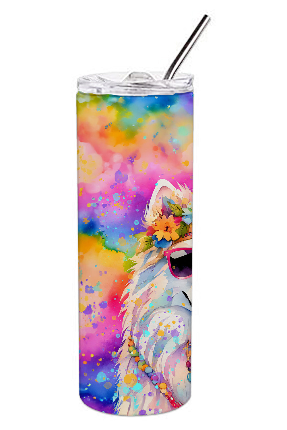 Samoyed Hippie Dawg Stainless Steel Skinny Tumbler Vacuum Double Walled Reusable Insulated Tumbler Travel Cup for Coffee Cocktails Gift with Lid, 20 oz - Renee Lane Company