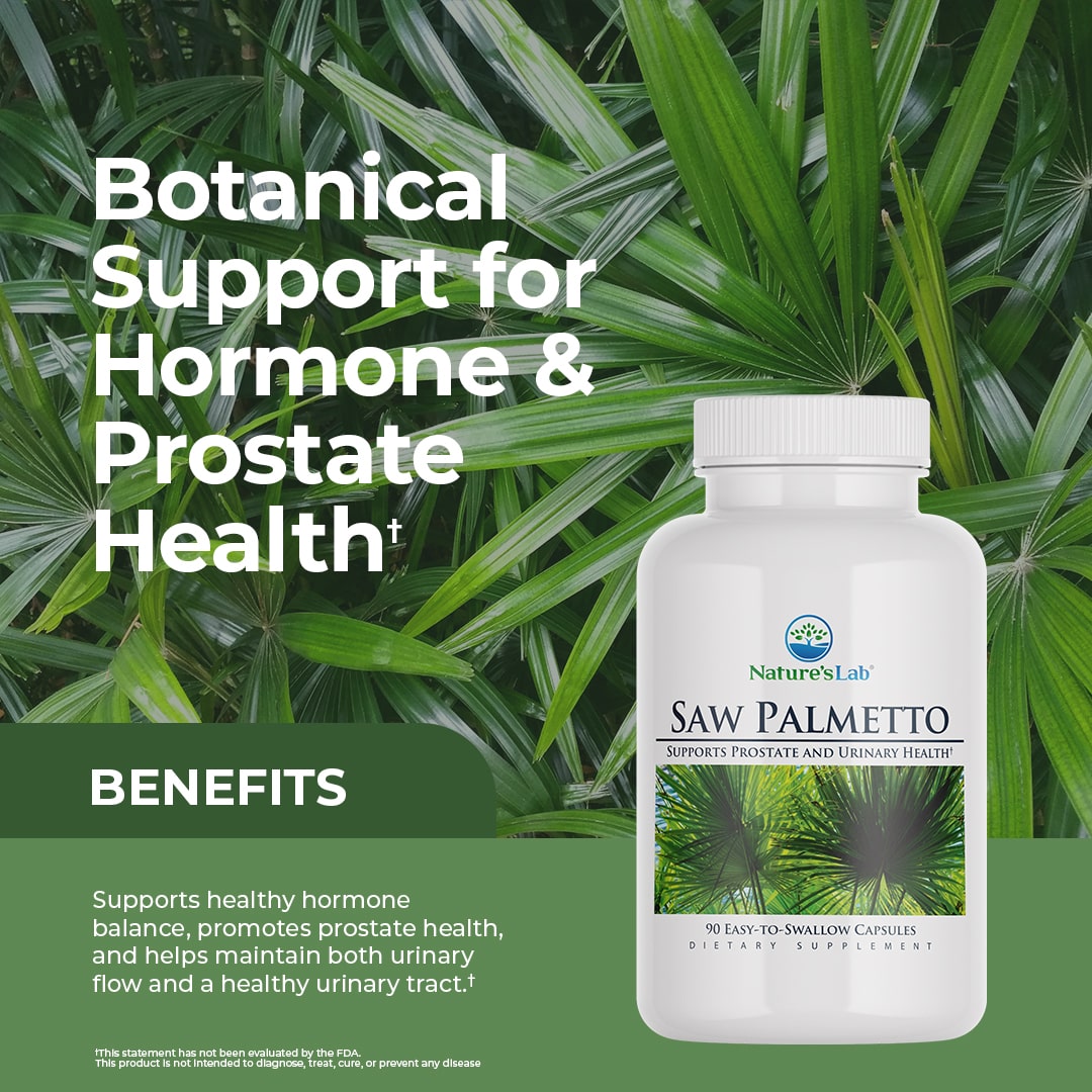 Saw palmetto dietary supplement bottle with white cap and label showing palm leaves