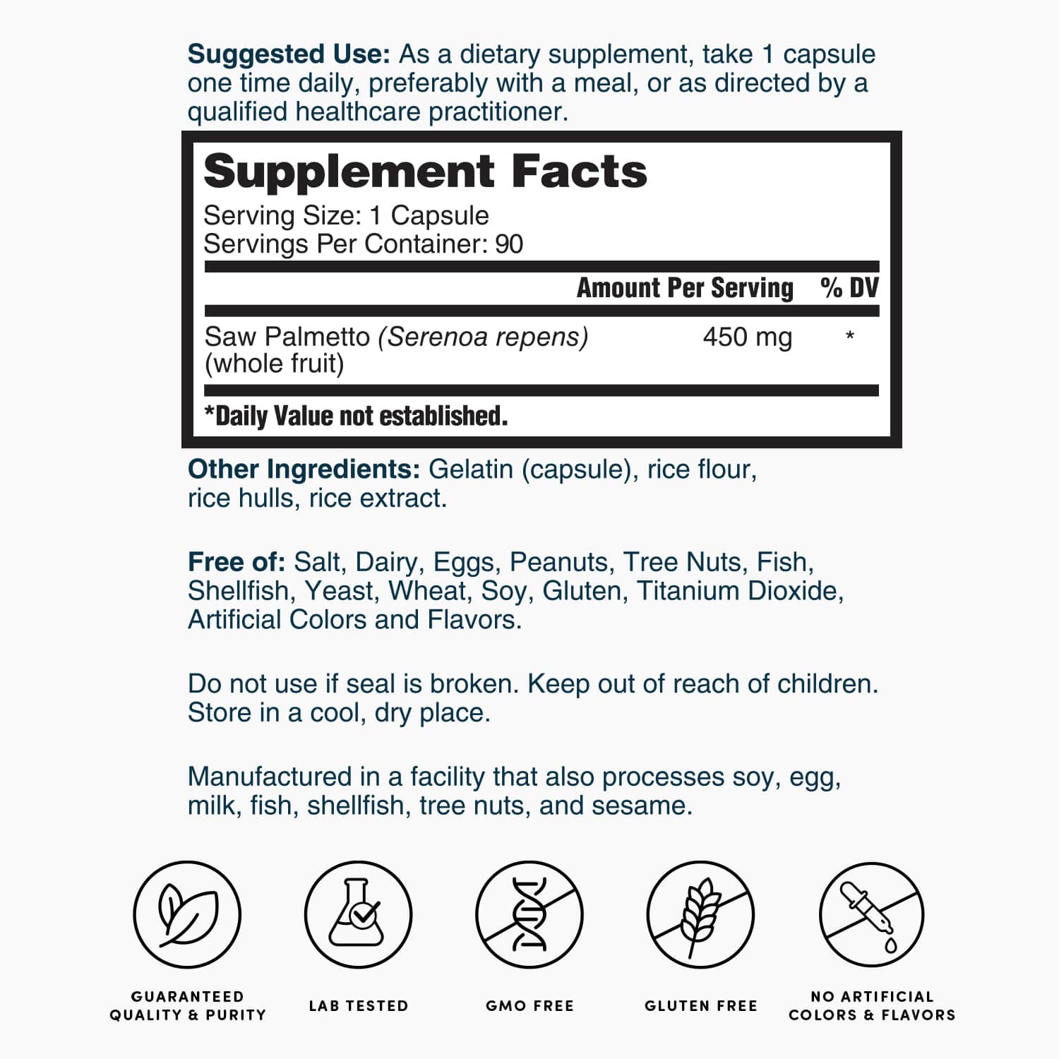 Saw palmetto supplement facts label for 1 capsule per serving and ingredients list