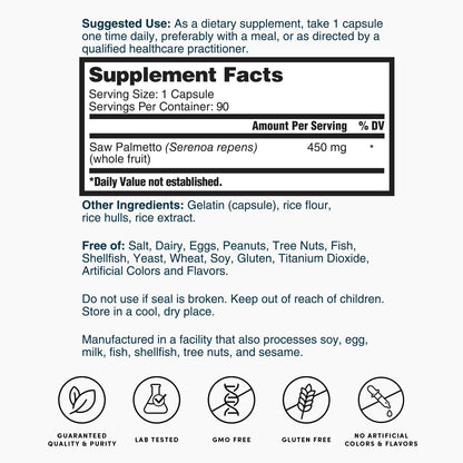 Saw palmetto supplement facts label for 1 capsule per serving and ingredients list