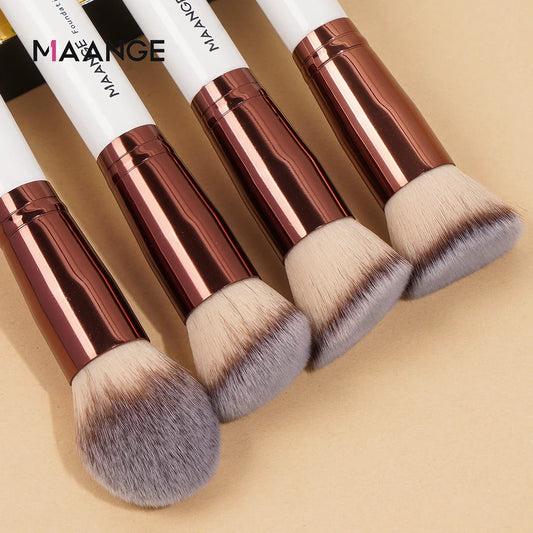 MAANGE makeup brushes with rose-gold handles and dense tan-and-gray bristles, angled view