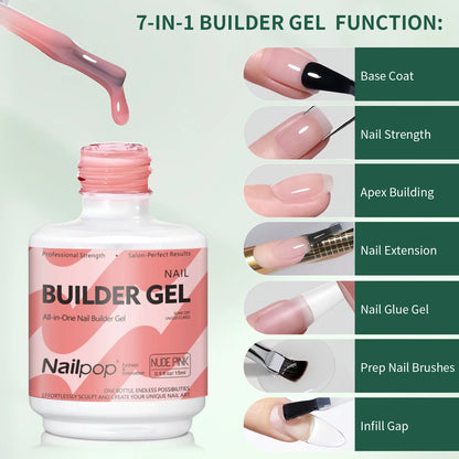 Nailpop 7-in-1 Builder Nail Gel HEMA/TPO Free Fast Building Gel Nail Polish 8 Colors Nail Tip Reinforcement and Extension 15ml