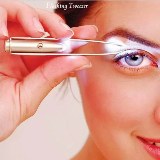 LED light makeup tweezer clip with silver metal handle