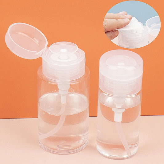 Transparent plastic refillable pump dispenser bottle with flip-top cap and push nozzle