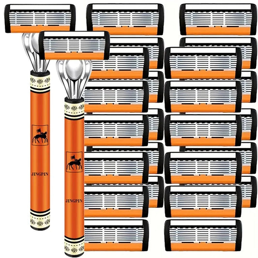 Men's stainless razor with orange handle and multiple 6-layer blade cartridges