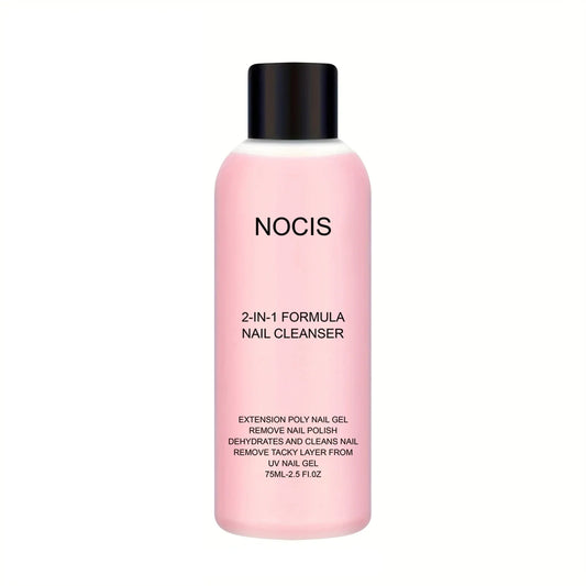 NOClS 2-in-1 nail cleanser bottle, pink gel with black cap, 75ml size label