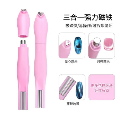1Pcs 3-In-1 Heart Shape Cat Eye Nail Art Magnet Double Line Moon Snake French Magnet Pen for Magnetic Gel Polish Manicure Tools