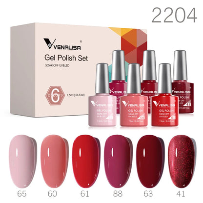 Venalisa gel polish set with dusty pink to burgundy shades and glitter, 6 swatches, 2204