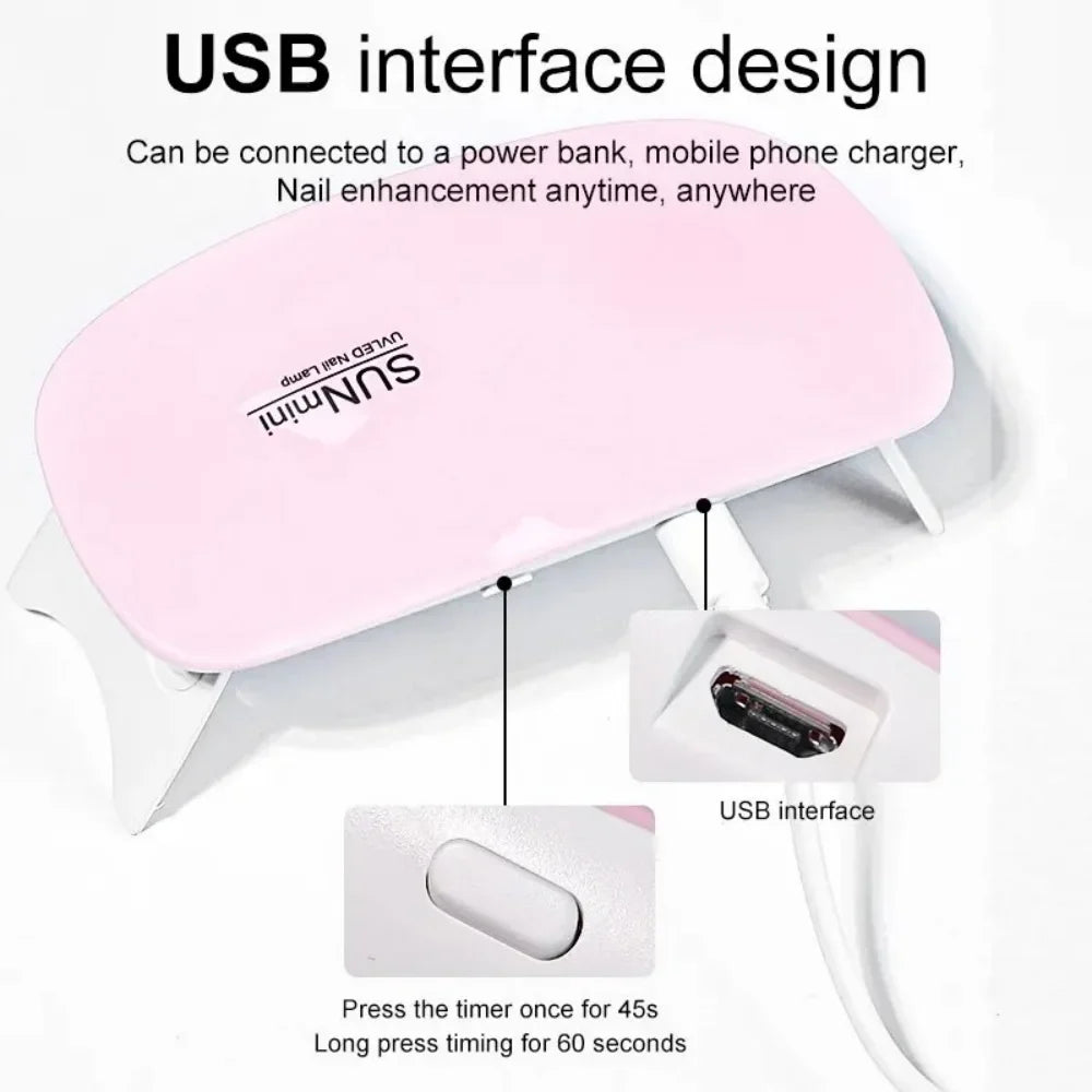 Portable 6 LED UV Nail Lamp 6W Mini Nail Dryer Machine Foldable Manicure Tool for Gel Polish Varnish Quick Drying USB Cable