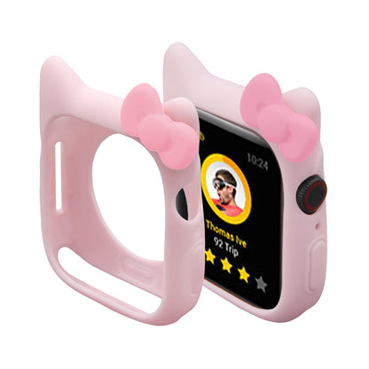 Cat watch cover case for Apple Watch, pink silicone with side cutouts and bow detail