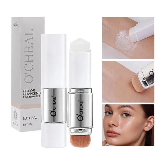 Color-changing foundation stick with dual-ended applicator, natural shade, matte finish.