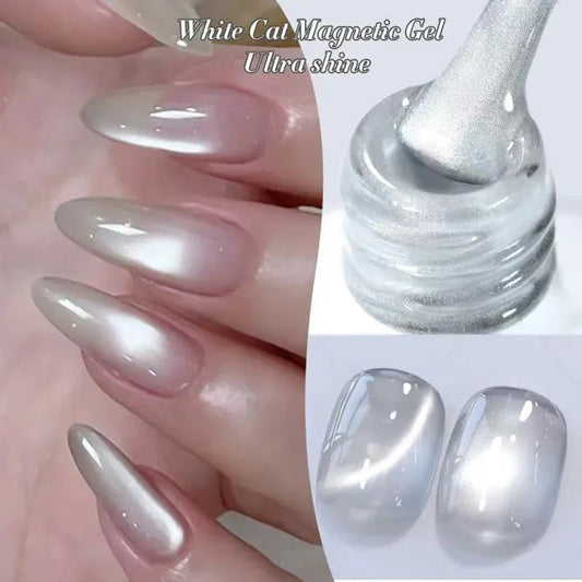 White cat eye magnetic gel nail polish, silver-glitter bottle and swatched nails