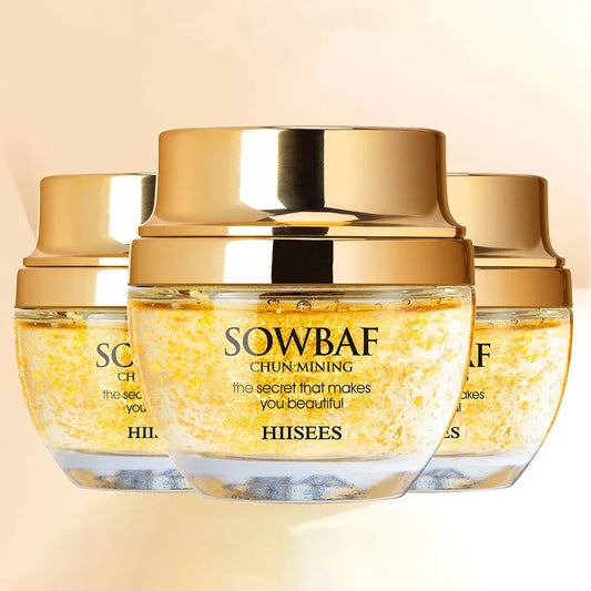 Gold moisturizing face cream jars with metallic lids and clear amber gel texture