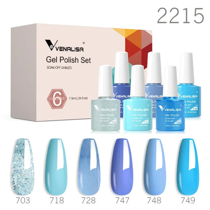 Venalisa gel polish set with blue jelly shades, 2215, six bottles and nail swatches