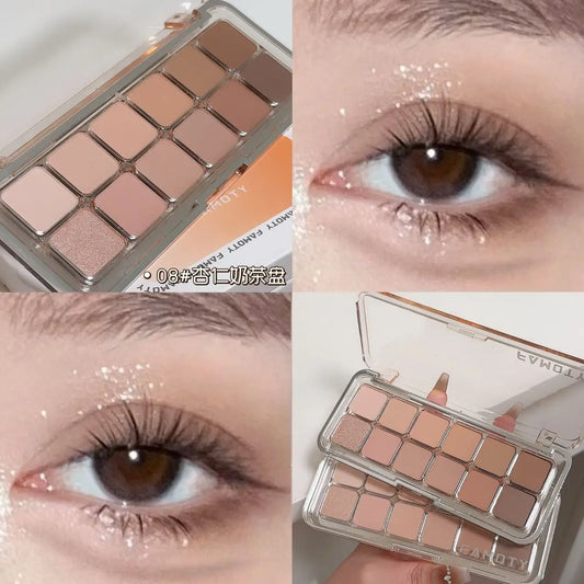 12-pan eyeshadow palette with apricot, pink, brown matte and shimmer shades