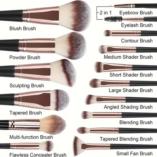 Assorted makeup brushes with rose-gold and black handles, fluffy bristles for blending