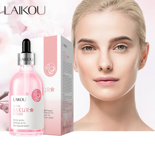 LAIKOU Sakura facial serum, pink glass dropper bottle with box packaging.