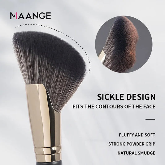 Angled contour makeup brush with black handle, gold ferrule, and dark soft bristles