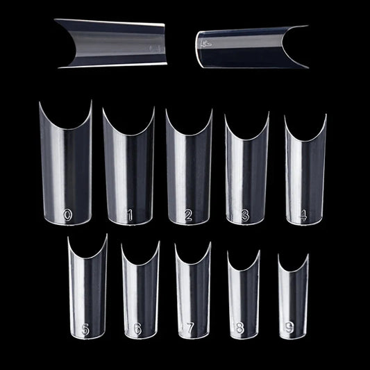 Transparent curved full-cover fake nail tips set, numbered sizes 1–9, clear gel-style.