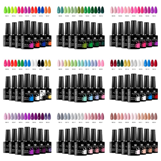 7-piece nail gel polish set with colorful gel bottles and nail swatch lineup