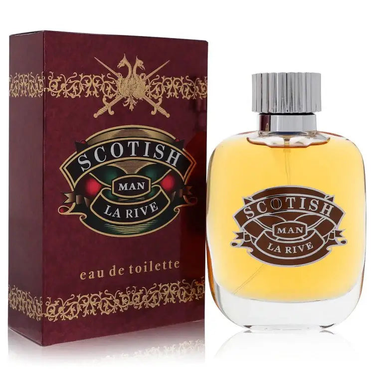Men's Scotish Man La Rive eau de toilette bottle with ridged cap and box.