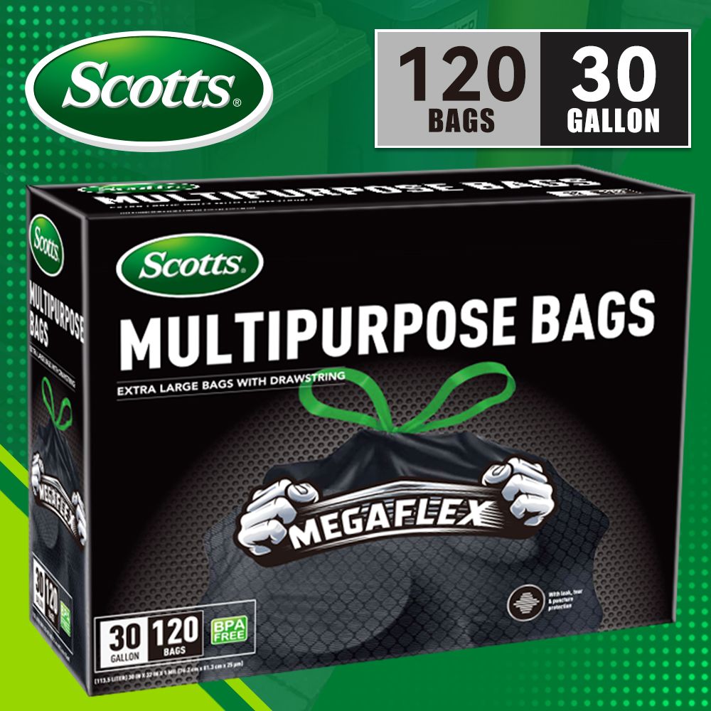 Scotts 120 Bags 30 Gallon Box Disposable Non-Rip Black Large Drawstring Garbage Bags, Suitable for Large Kitchen Garbage Cans, Super Strong 113.5L , Garden, Home, Commercial Multi-purpose Trash Bag - Renee Lane Company