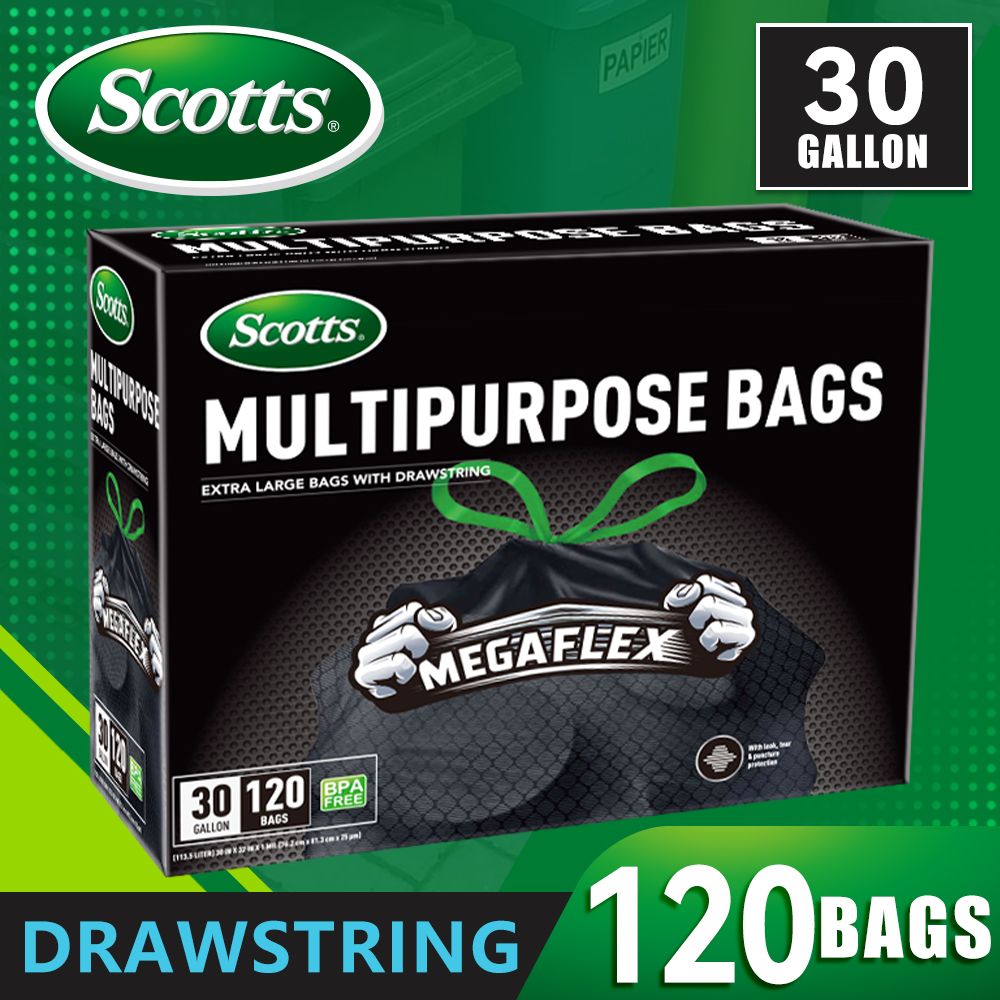 Scotts 120 Bags 30 Gallon Box Disposable Non-Rip Black Large Drawstring Garbage Bags, Suitable for Large Kitchen Garbage Cans, Super Strong 113.5L , Garden, Home, Commercial Multi-purpose Trash Bag - Renee Lane Company
