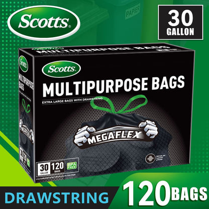 Scotts 120 Bags 30 Gallon Box Disposable Non-Rip Black Large Drawstring Garbage Bags, Suitable for Large Kitchen Garbage Cans, Super Strong 113.5L , Garden, Home, Commercial Multi-purpose Trash Bag - Renee Lane Company
