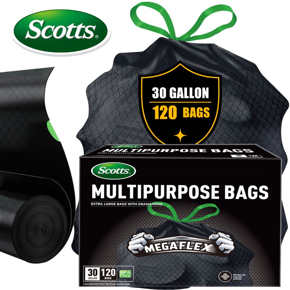 Scotts 120 Bags 30 Gallon Box Disposable Non-Rip Black Large Drawstring Garbage Bags, Suitable for Large Kitchen Garbage Cans, Super Strong 113.5L , Garden, Home, Commercial Multi-purpose Trash Bag - Renee Lane Company