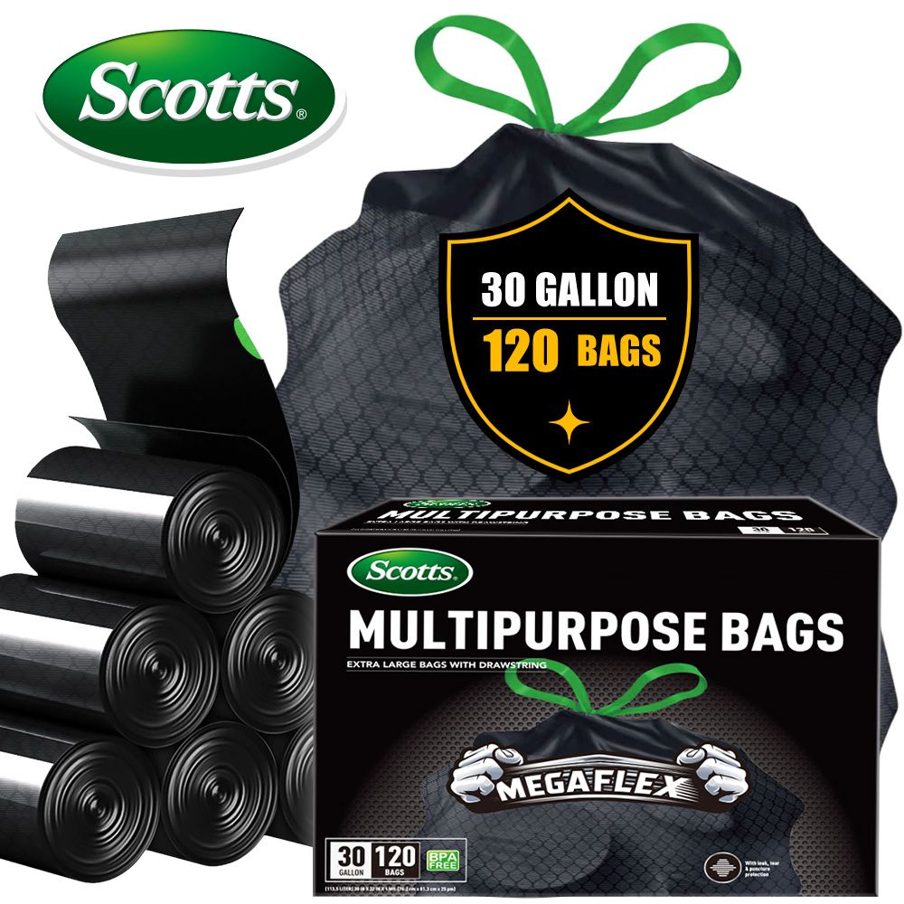 Scotts 120 Bags 30 Gallon Box Disposable Non-Rip Black Large Drawstring Garbage Bags, Suitable for Large Kitchen Garbage Cans, Super Strong 113.5L , Garden, Home, Commercial Multi-purpose Trash Bag - Renee Lane Company