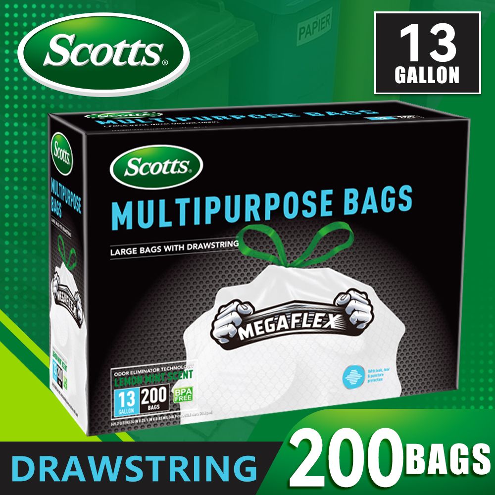 Scotts 200 Bags 13 Gallon Boxed Disposable Non Tear Puncture Tear Resistant Trash Bags, deodorization technology Kitchen Drawstring Garbage Bags, Fresh Clean Scent With Lemon Scent, - Renee Lane Company