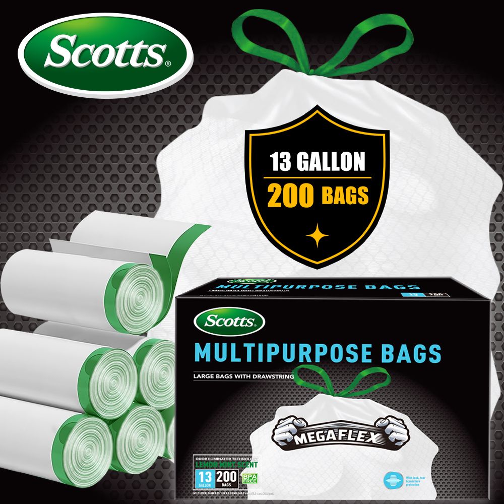Scotts 200 Bags 13 Gallon Boxed Disposable Non Tear Puncture Tear Resistant Trash Bags, deodorization technology Kitchen Drawstring Garbage Bags, Fresh Clean Scent With Lemon Scent, - Renee Lane Company