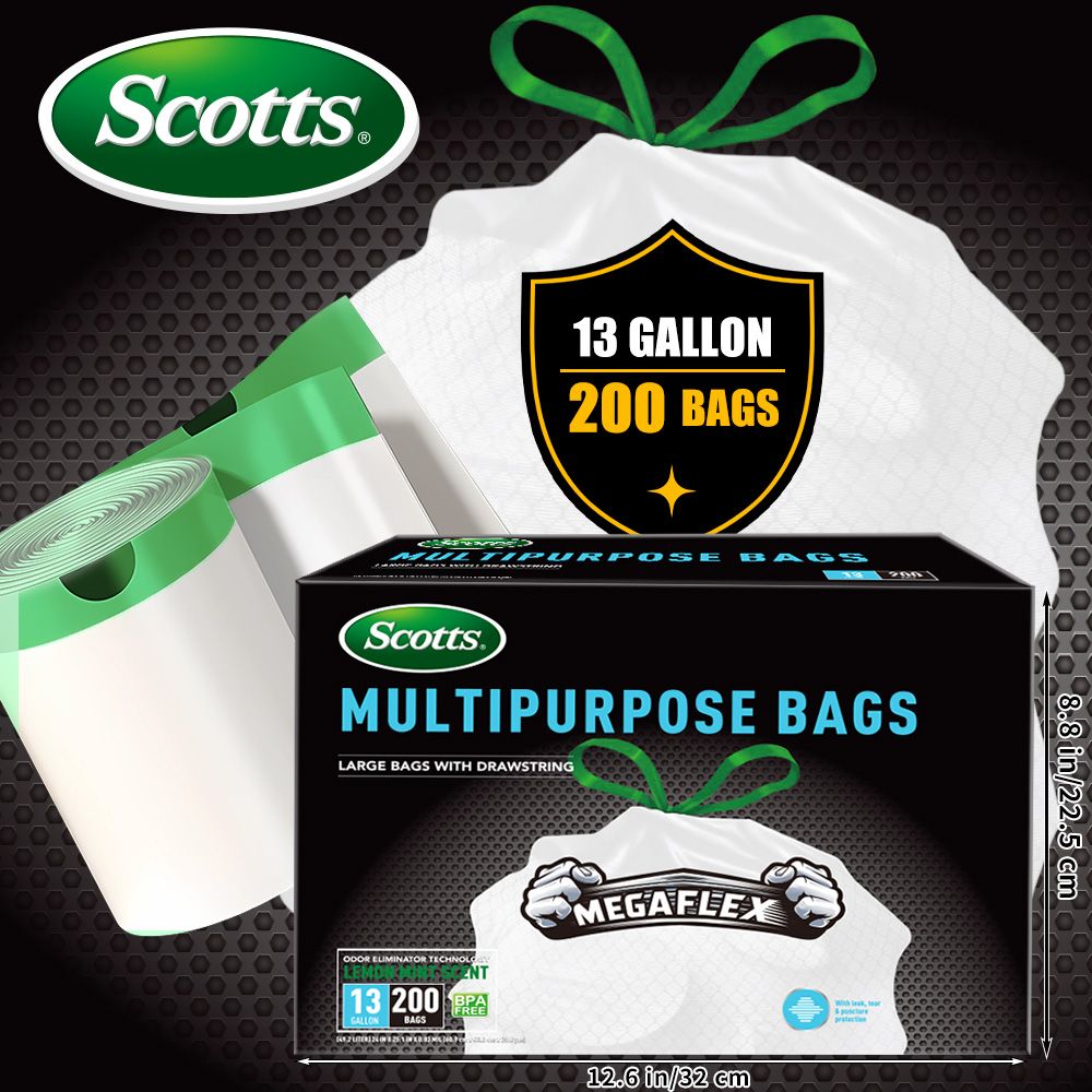 Scotts 200 Bags 13 Gallon Boxed Disposable Non Tear Puncture Tear Resistant Trash Bags, deodorization technology Kitchen Drawstring Garbage Bags, Fresh Clean Scent With Lemon Scent, - Renee Lane Company