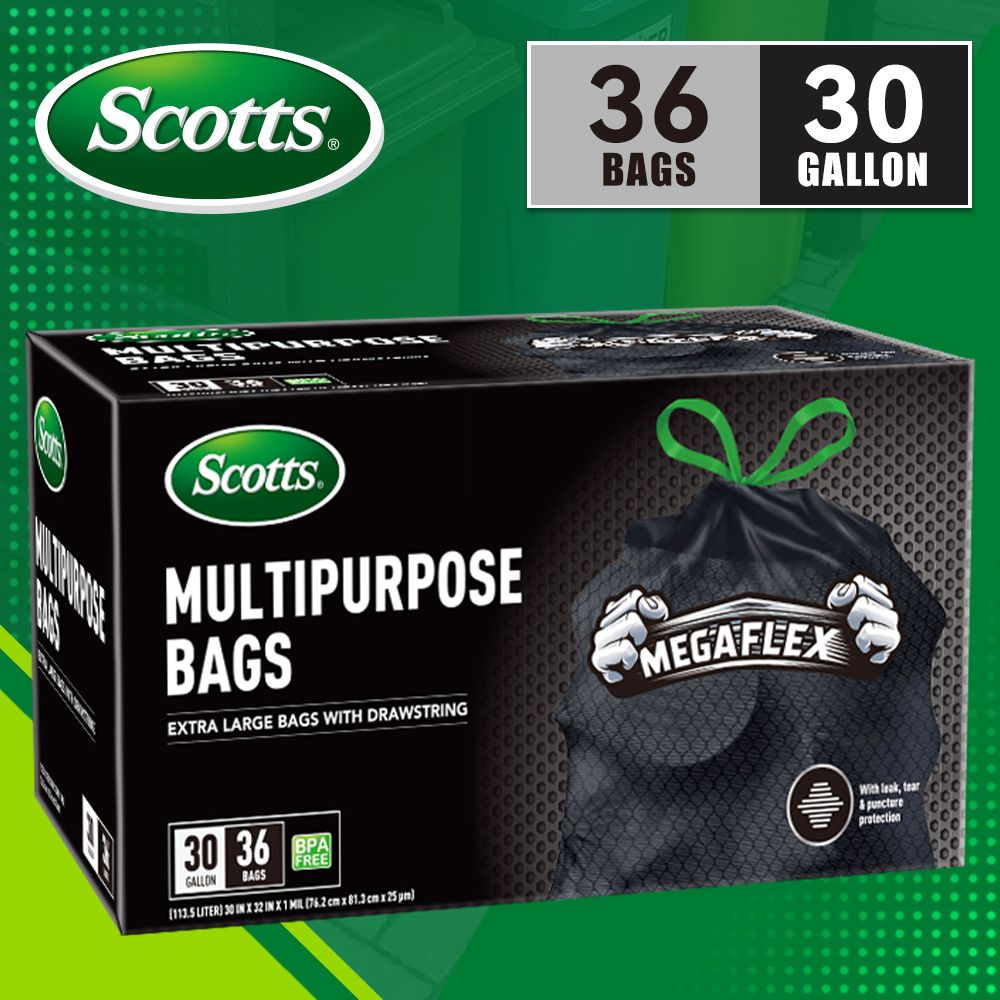 Scotts 36 Bags 30 Gallon Box Disposable Non-Rip Black Large Drawstring Garbage Bags, Suitable for Large Kitchen Garbage Cans, Super Strong 113.5L, Home, Commercial Multi-purpose Trash Bag - Durable, - Renee Lane Company