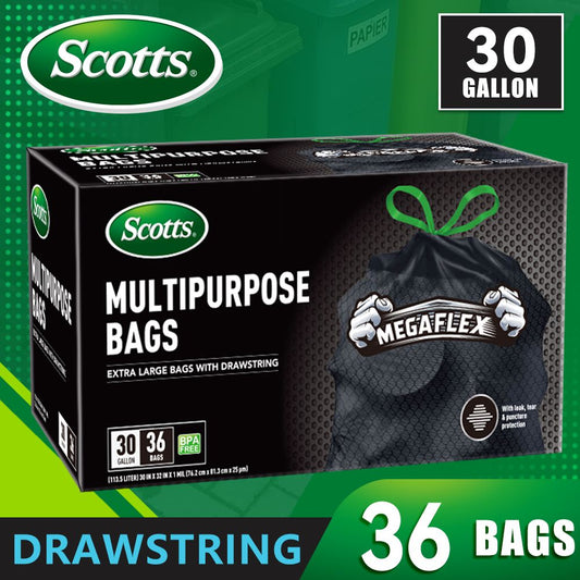 Scotts 36 Bags 30 Gallon Box Disposable Non-Rip Black Large Drawstring Garbage Bags, Suitable for Large Kitchen Garbage Cans, Super Strong 113.5L, Home, Commercial Multi-purpose Trash Bag - Durable, - Renee Lane Company