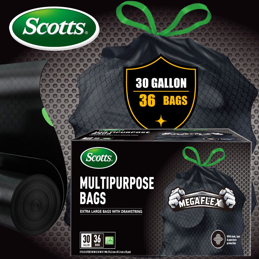Scotts 36 Bags 30 Gallon Box Disposable Non-Rip Black Large Drawstring Garbage Bags, Suitable for Large Kitchen Garbage Cans, Super Strong 113.5L, Home, Commercial Multi-purpose Trash Bag - Durable, - Renee Lane Company