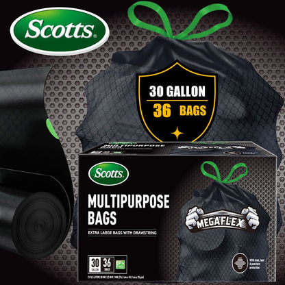 Scotts 36 Bags 30 Gallon Box Disposable Non-Rip Black Large Drawstring Garbage Bags, Suitable for Large Kitchen Garbage Cans, Super Strong 113.5L, Home, Commercial Multi-purpose Trash Bag - Durable, - Renee Lane Company