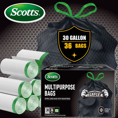 Scotts 36 Bags 30 Gallon Box Disposable Non-Rip Black Large Drawstring Garbage Bags, Suitable for Large Kitchen Garbage Cans, Super Strong 113.5L, Home, Commercial Multi-purpose Trash Bag - Durable, - Renee Lane Company