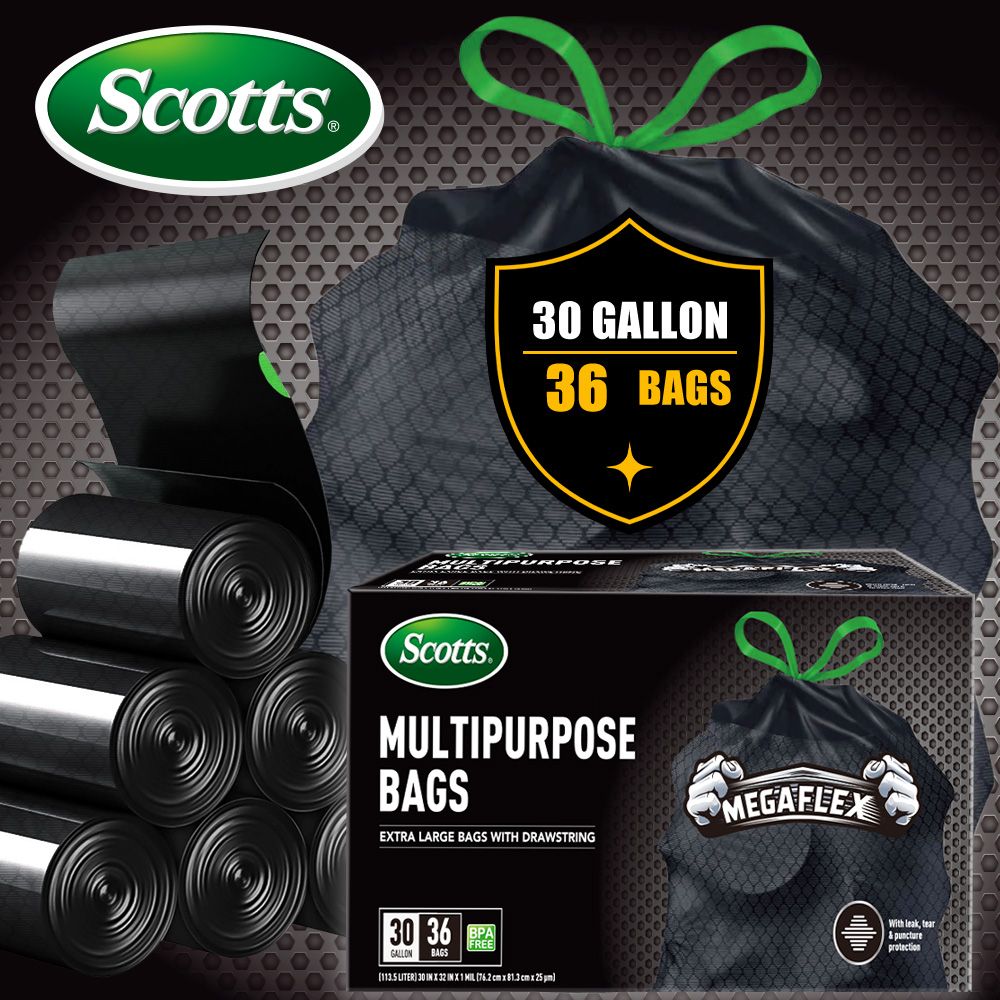 Scotts 36 Bags 30 Gallon Box Disposable Non-Rip Black Large Drawstring Garbage Bags, Suitable for Large Kitchen Garbage Cans, Super Strong 113.5L, Home, Commercial Multi-purpose Trash Bag - Durable, - Renee Lane Company