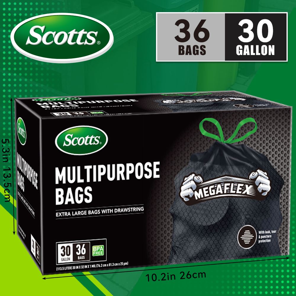 Scotts 36 Bags 30 Gallon Box Disposable Non-Rip Black Large Drawstring Garbage Bags, Suitable for Large Kitchen Garbage Cans, Super Strong 113.5L, Home, Commercial Multi-purpose Trash Bag - Durable, - Renee Lane Company