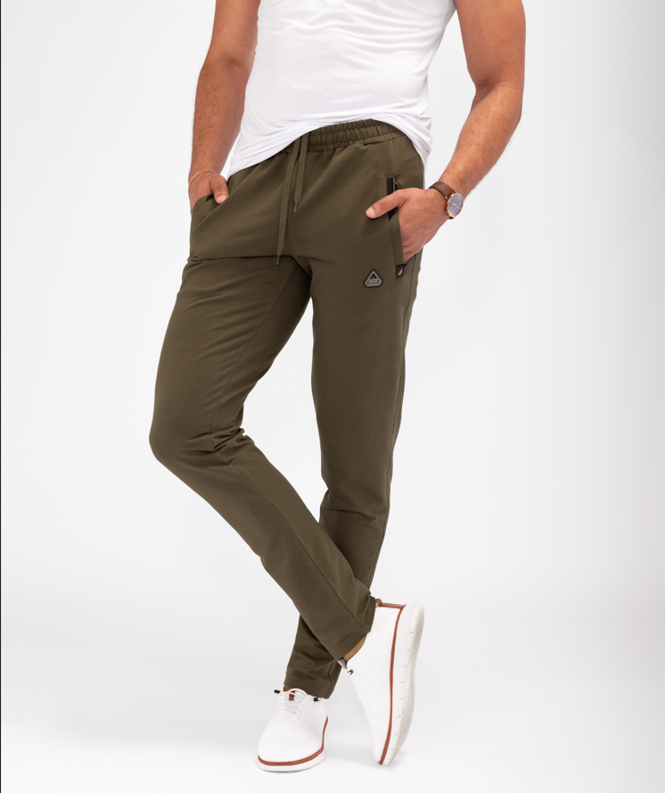 Olive tapered athletic sweatpants with drawstring waist and zippered side pockets