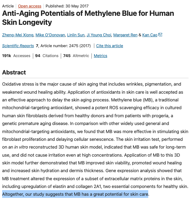 Methylene Blue tallow balm research article page on skin aging potentials