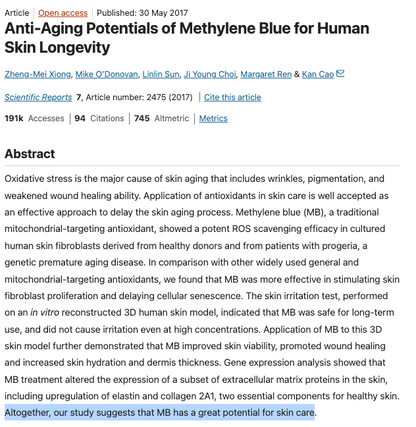 Methylene Blue tallow balm research article page on skin aging potentials