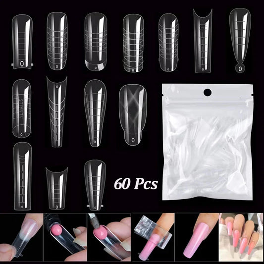 Clear UV gel nail extension forms, assorted shapes, 60 pieces in pouch