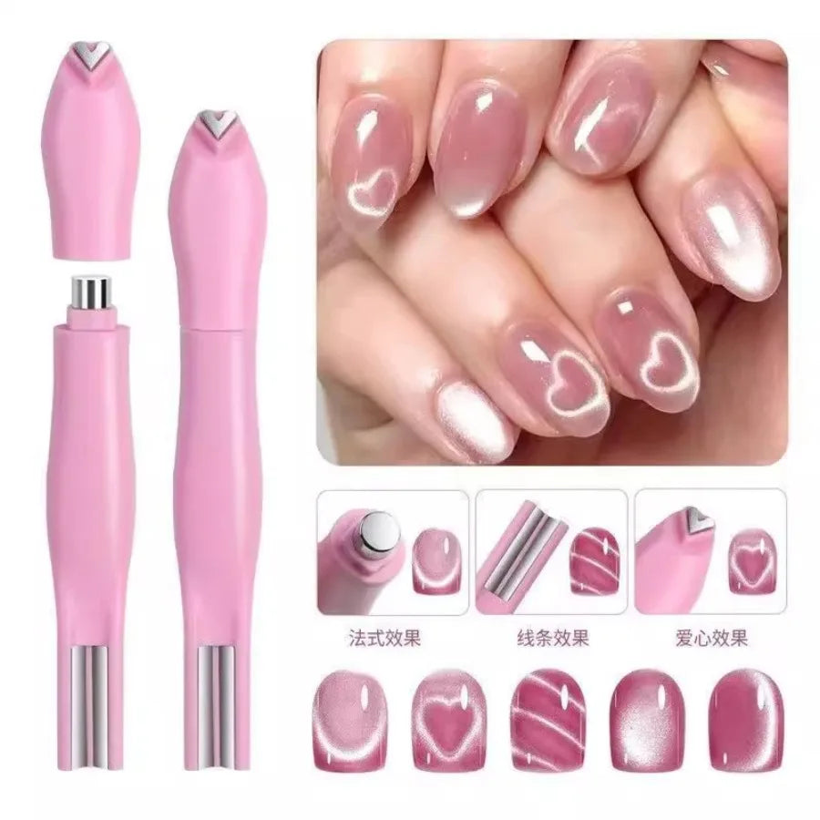 1Pcs 3-In-1 Heart Shape Cat Eye Nail Art Magnet Double Line Moon Snake French Magnet Pen for Magnetic Gel Polish Manicure Tools
