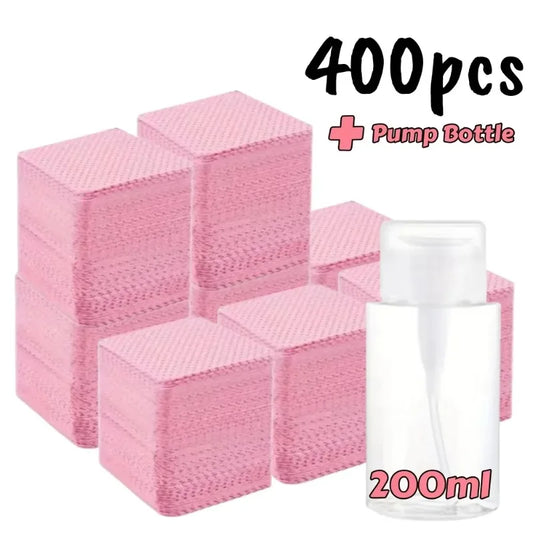 Pink lint-free nail wipes with pump bottle, 400 pcs + 200ml bottle